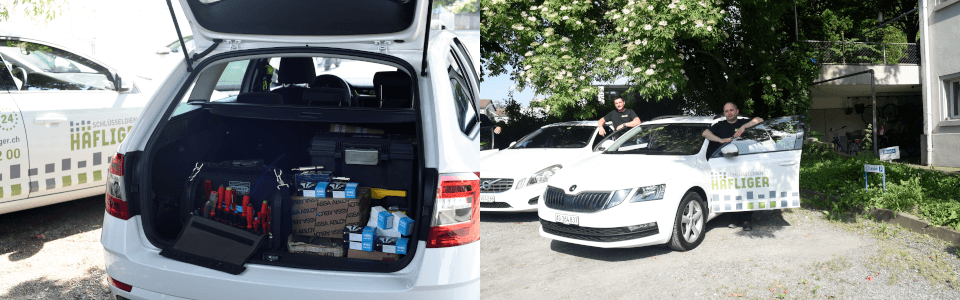 Notfall-Aufsperrdienst Fahrzeuge mit Arbeitswerkzeug im Kofferraum und Monteure